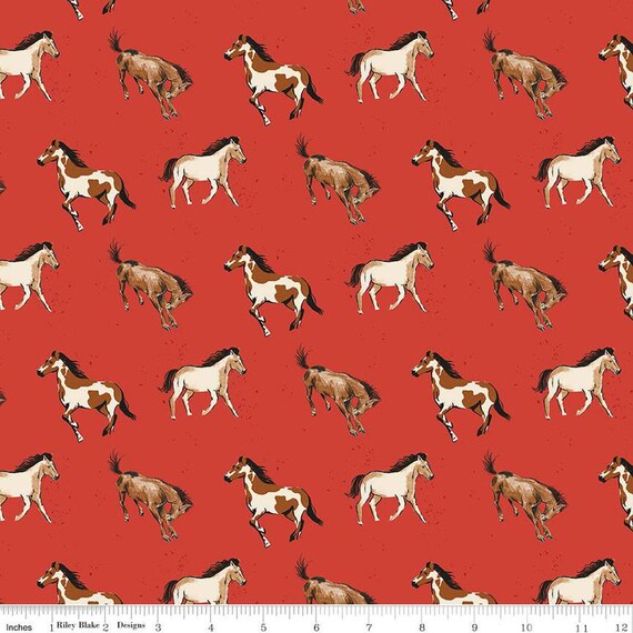 Wild Rose-1/2 Yard Increments, Cut Continuously (C14042 Horses Red) by Riley Blake Designs