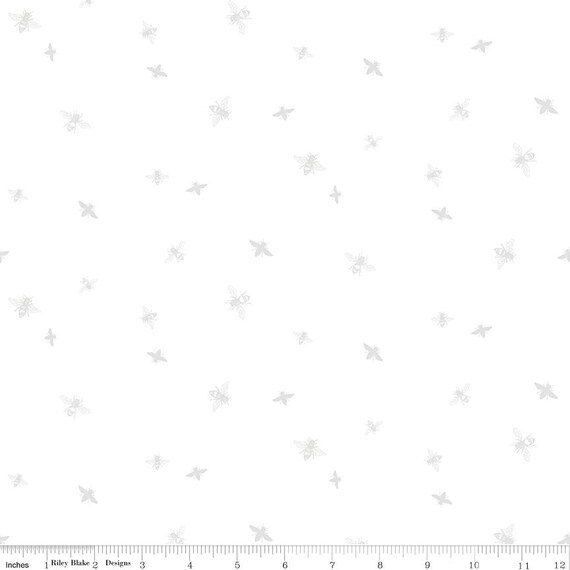 Honey Bees and Flowers Please-1/2 Yard Increments, Cut Continuously (C15136 Bees White on White) by Tara Reed for Riley Blake Designs