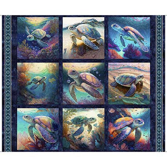 Endless Blues Panel (30040-N Sea Turtle Picture Patches Navy) by Morris Creative Group for QT Fabrics