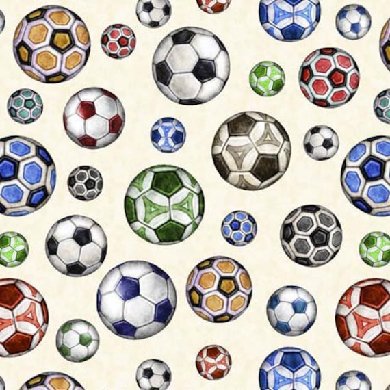Just for Kicks - 1/2 Yard Increments, Cut Continuously (29752-E Soccer Balls Cream) by Dan Morris for QT Fabrics