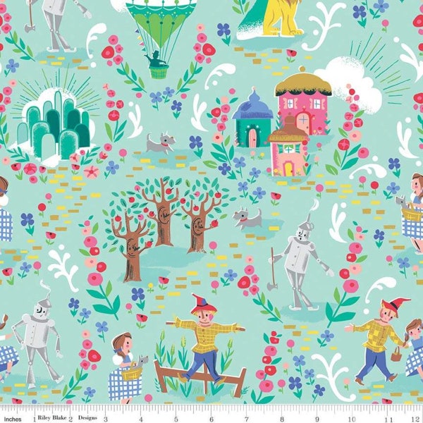 Dorothy's Journey by Jill Howarth for Riley Blake Designs- 8680 Main Mint with Silver Sparkle- 1/2 Yard Increments, Cut Continuously