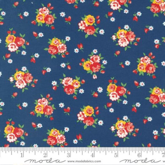 Sweet Melodies-1/2 Yard Increments, Cut Continuously (21814-18 Bouquets Small Floral Feedsack Navy) by American Jane for Moda