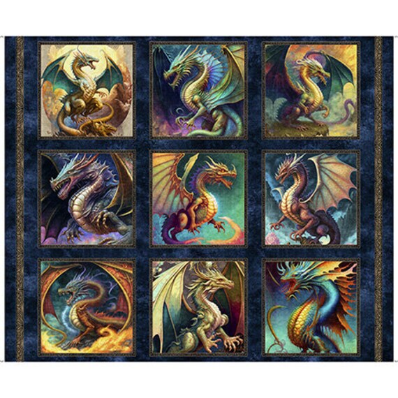 Dragon Fyre Panel (29926-N Large Picture Patches Navy) by Morris Creative Group for QT Fabrics