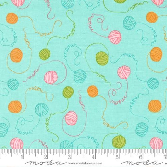 Here Kitty Kitty-1/2 Yard Increments, Cut Continuously (20834-19 Meow Yarn Aqua) by Stacy Iest Hsu for Moda