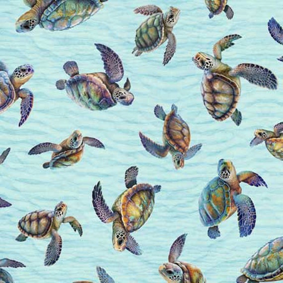 Endless Blues - 1/2 Yard Increments, Cut Continuously (30044-Q Sea Turtle Toss Aqua) by Morris Creative Group for QT Fabrics