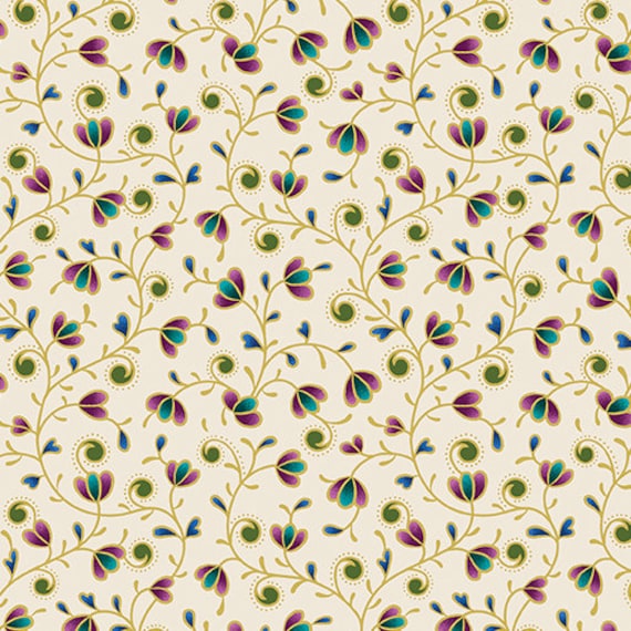Shangri-La - 1/2 Yard Increments, Cut Continuously (16114M-07 Vine Cream with Gold Sparkle) by Painted Sky Studio for Benartex