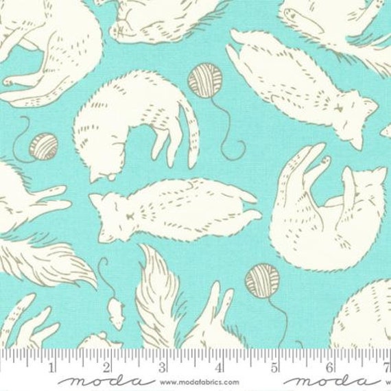 Here Kitty Kitty-1/2 Yard Increments, Cut Continuously (20832-19 Sleepy Time Aqua) by Stacy Iest Hsu for Moda