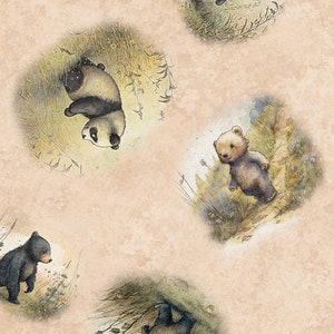 May include: A digital illustration of four animals in a forest setting. A panda bear hangs upside down from a tree branch. A brown bear cub walks on a path. Two black bear cubs are in the grass. The background is a light beige color.
