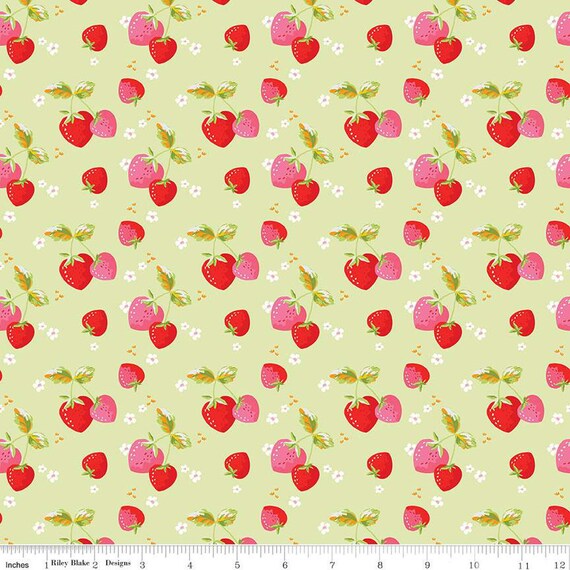 Picnic Florals-1/2 Yard Increments, Cut Continuously (C14612 Strawberries Green) by My Mind's Eye for Riley Blake Designs