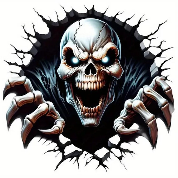 Scary Skull Iron on, Heat Transfer Decal for Shirts, Bags, Hats and More, 2 Sizes