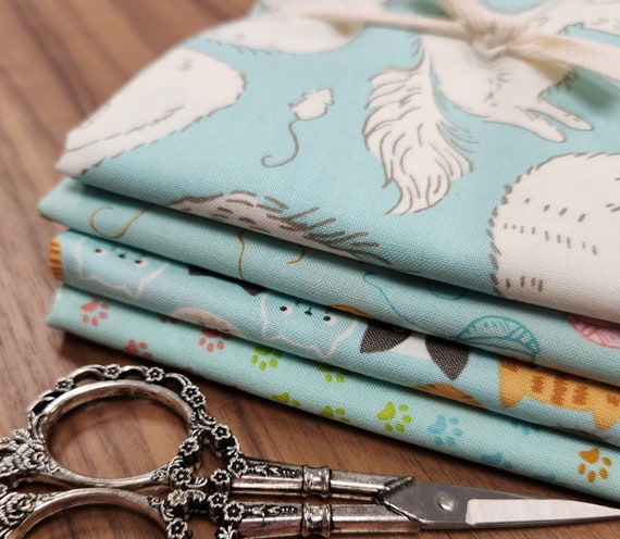 Here Kitty Kitty - Half Yard Bundle (4 Aqua Fabrics) by Stacy Iest Hsu for Moda