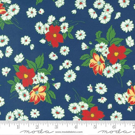 Sweet Melodies-1/2 Yard Increments, Cut Continuously (21810-18 Medium Floral Feedsack Navy) by American Jane for Moda