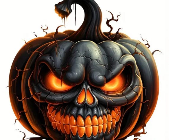 Scary Halloween Pumpkin Iron on, Heat Transfer Decal for Shirts, Bags, Hats and More, 2 Sizes