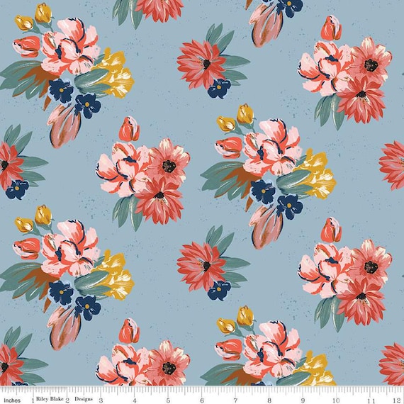 Wild Rose-1/2 Yard Increments, Cut Continuously (C14041 Floral Blue) by Riley Blake Designers