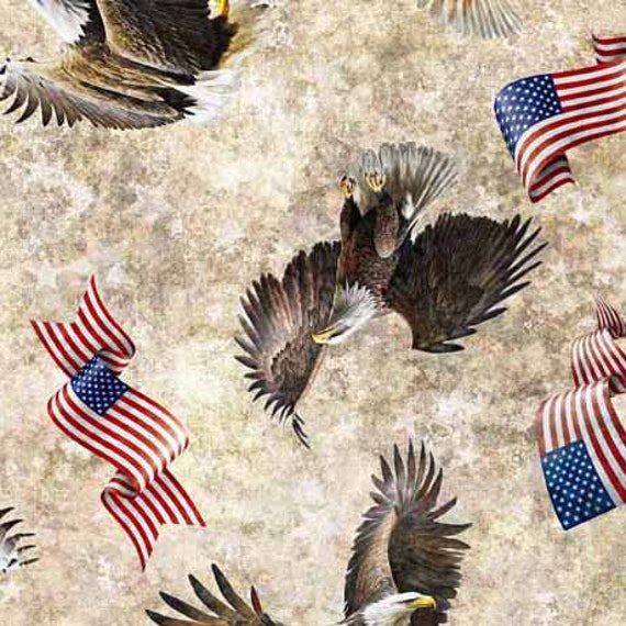 American Spirit - 1/2 Yard Increments, Cut Continuously (30128-E Eagle and Flag Toss Cream) by Morris Creative Group for QT Fabrics