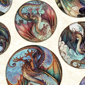 May include: A repeating pattern of circular illustrations featuring detailed dragons. Each dragon is depicted in a unique pose with intricate wing designs and scales. The color palette includes shades of red, blue, and gold, set against a cream-colored background.