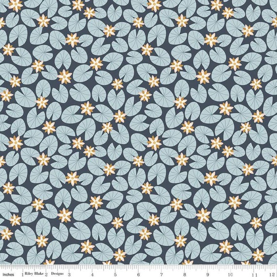 Little Swan-1/2 Yard Increments, Cut Continuously (C13743 Water Lilies Navy) by Little Forest Atelier for Riley Blake Designs