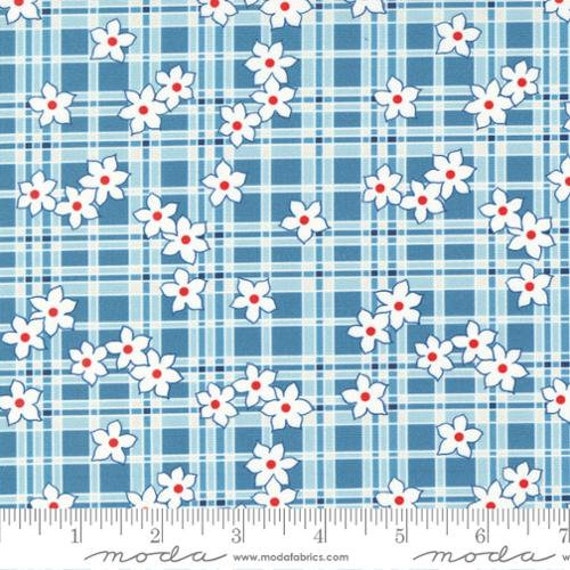 Sweet Melodies-1/2 Yard Increments, Cut Continuously (21812-17 Plaid Daisy Floral Feedsack Blue) by American Jane for Moda