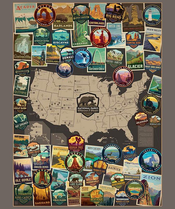 National Parks USA Vertical Map Poster Panel 36" x 43" (PD15090) by Anderson Design Group for Riley Blake Designs