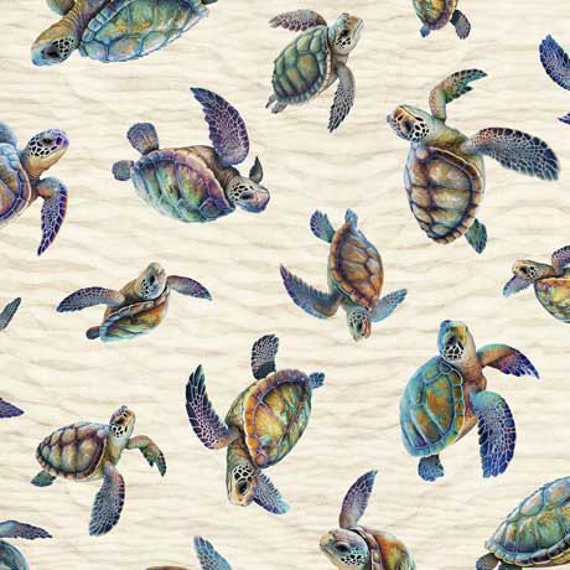Endless Blues - 1/2 Yard Increments, Cut Continuously (30044-E Sea Turtle Toss Cream) by Morris Creative Group for QT Fabrics