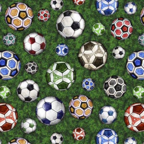 Just for Kicks - 1/2 Yard Increments, Cut Continuously (29752-G Soccer Balls Green) by Dan Morris for QT Fabrics