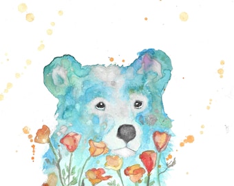 California Poppy Bear watercolor art prints