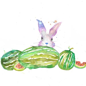 May include: Watercolor painting of a white rabbit with purple and pink ears peeking over green watermelons. The watermelons have green and yellow stripes, with a slice showing red fruit. A small insect sits on the rabbit's ear.
