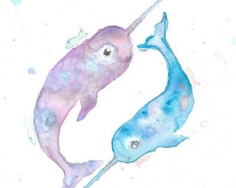 Dancing narwhal watercolor prints