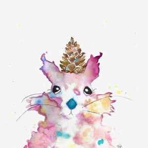 May include: Watercolor painting of a squirrel with a pinecone crown. The squirrel is depicted in shades of pink, purple, and yellow, with a blue nose and black eyes. The artwork has a whimsical and artistic style, set against a white background.