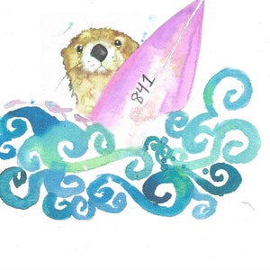 Surfing Sea Otter watercolor art prints & cards