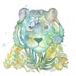 Whimsical Tiger and jungle plant watercolor prints and cards