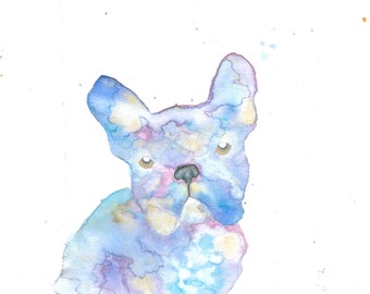 Rainbow french bulldog whimsical watercolor prints & greeting cards