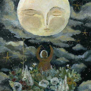 May include: A painting depicting a person with their arms raised, standing on a bed of flowers, with a large, sleeping moon face above them. The background is a dark blue with white clouds and stars.