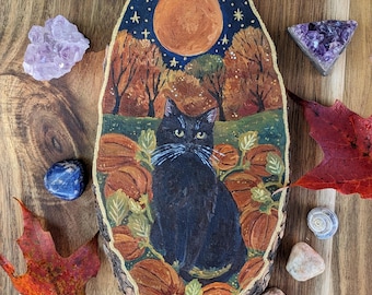 Luna d'autunno - dipinto originale e fantasioso su una fetta di ramo di pino