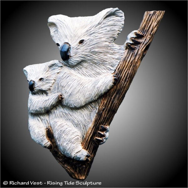 Koalas Mother and Baby in tree wall hanging in alder wood grey white staining hand carved made to order wood sculpture Decore