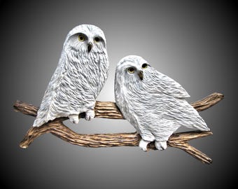 Hand Carved Snowy Owls Wall Sculpture: Alder Wood Branch Decor