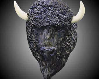 Hand Carved Buffalo Head Wall Sculpture: Alder & Maple, Tung Oil Finish