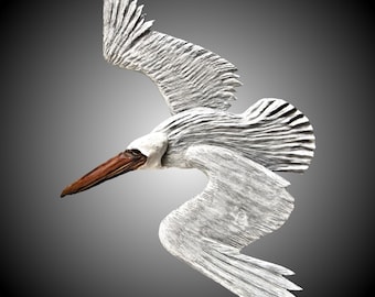 Flying white Pelican wall carving alder wood for home office decor