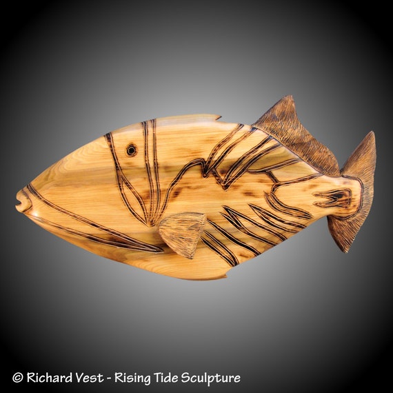 Picasso Trigger Marine Fish in Poplar Wood Hand Carved Wall