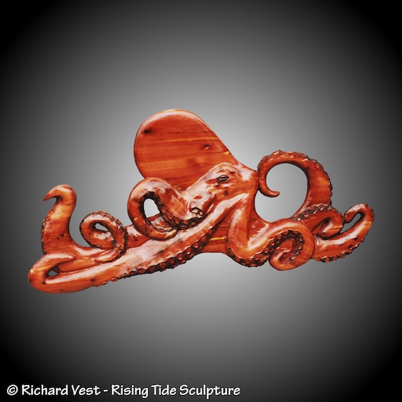 Hand Carved Red Cedar Octopus Wall Art - Richard Vest Sculpture