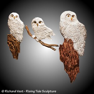 Hand Carved Alder Wood Owl Wall Sculpture Set - Gray Stained Wood Decor
