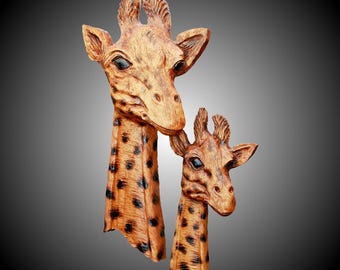 Hand Carved Giraffe Wall Sculpture Set: Alder Wood Decor