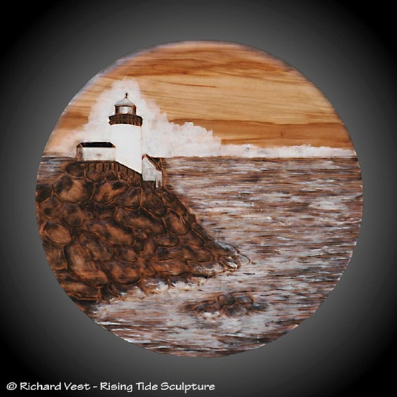 Hand Carved Lighthouse Wall Art: Red Gum Wood Sculpture (24" Diameter)