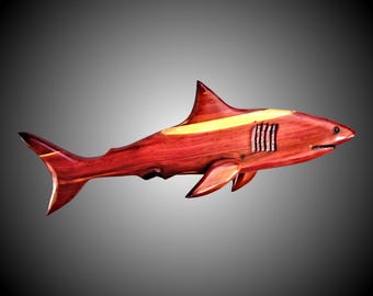 Hand Carved White Shark Sculpture, Tennessee Red Cedar Wall Art