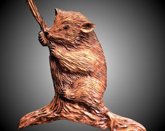 Escultura de pared de zarigüeya de madera de aliso tallada a mano - Acabado con aceite de tung