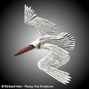 Flying Pelican wall sculpture hand made to order sea bird ocean decor gray staining lacquer finish for display as a single bird or group