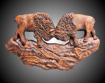 Dueling Buffalo Wall Carving in Alder wood hand made to order tung oil finish hangers on reverse for home or office decor