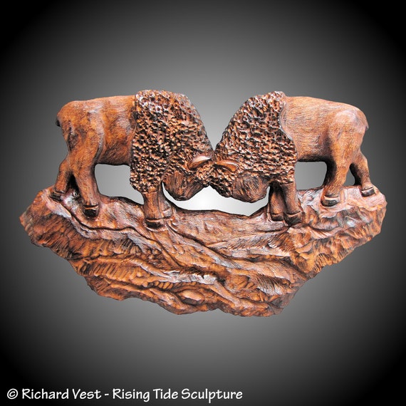 Dueling Buffalo Wall Carving in Alder Wood Hand Made to Order Tung