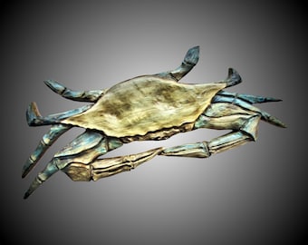 Blue crab wall carving poplar wood blue stain for home or office decor