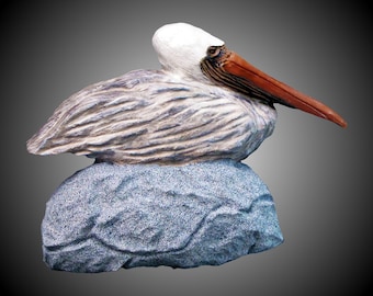 Hand Carved Nesting Pelican Sculpture: Alder & Mahogany Wood Art